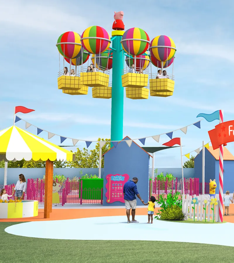 La Feria Divertida en Peppa Pig Theme Park en Dallas-Fort Worth, mostrando coloridas atracciones, decoraciones vibrantes y una atmósfera animada. El parque, con atracciones temáticas de Peppa Pig, brinda alegría a las familias y a los niños, ofreciendo una experiencia mágica con emocionantes paseos y escenarios llenos de diversión.