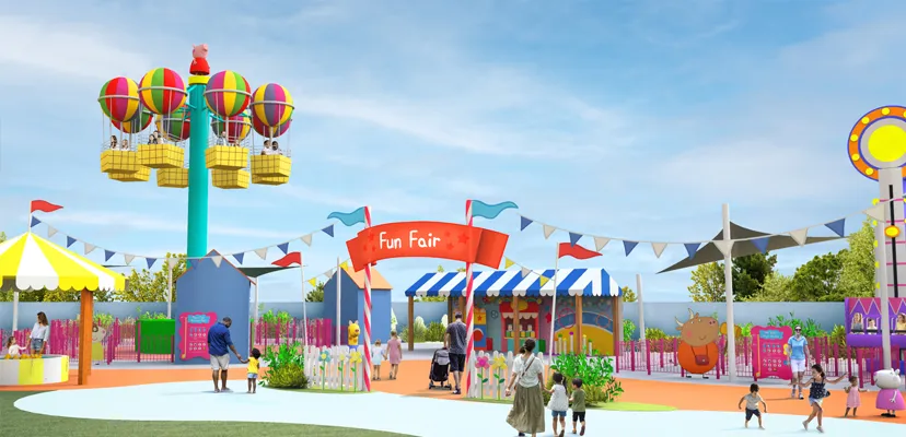 Fun Fair at PEPPA PIG Theme Park in Dallas-Fort Worth, showcasing colorful rides, vibrant decorations, and a lively atmosphere. The park, featuring Peppa Pig-themed attractions, brings joy to families and children, offering a magical experience with delightful rides and playful settings